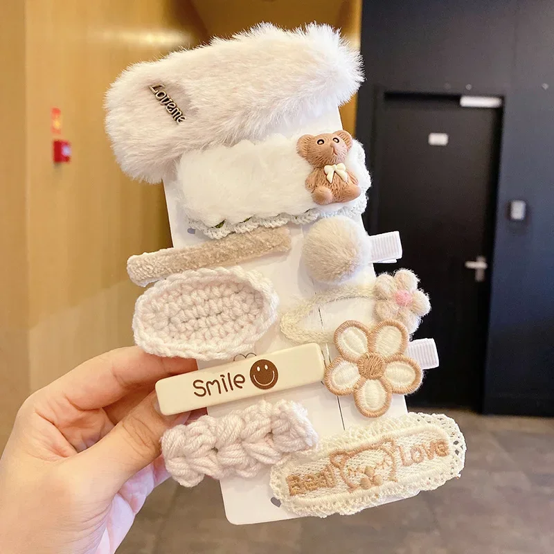 Horquilla de conejo peluda para niñas, tocado de felpa, Clip BB, pinza para el pelo de flor, juego de 9 Uds.