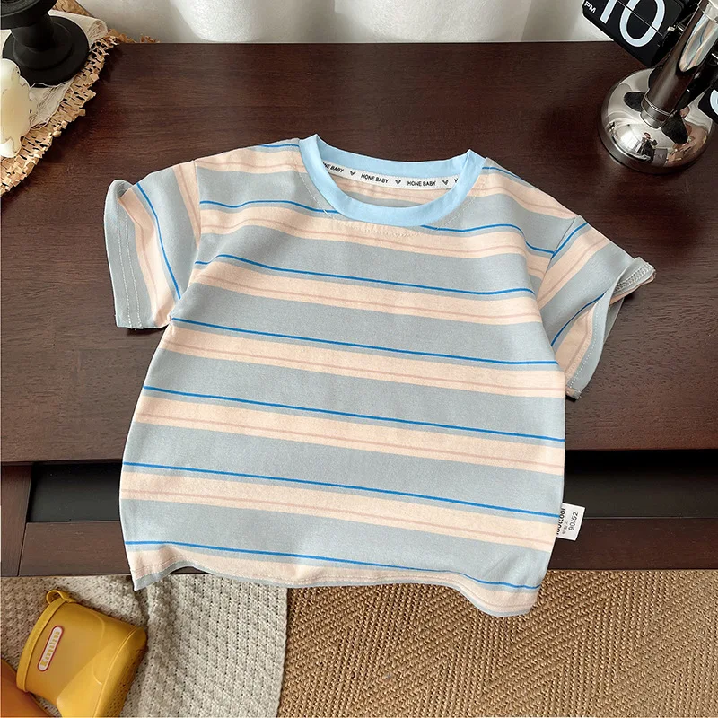 Conjuntos de 2 piezas de verano para niño pequeño, moda coreana, Tops informales de algodón a rayas de manga corta + Pantalones cortos, ropa para niño, conjuntos para niño B009 - imagen 4