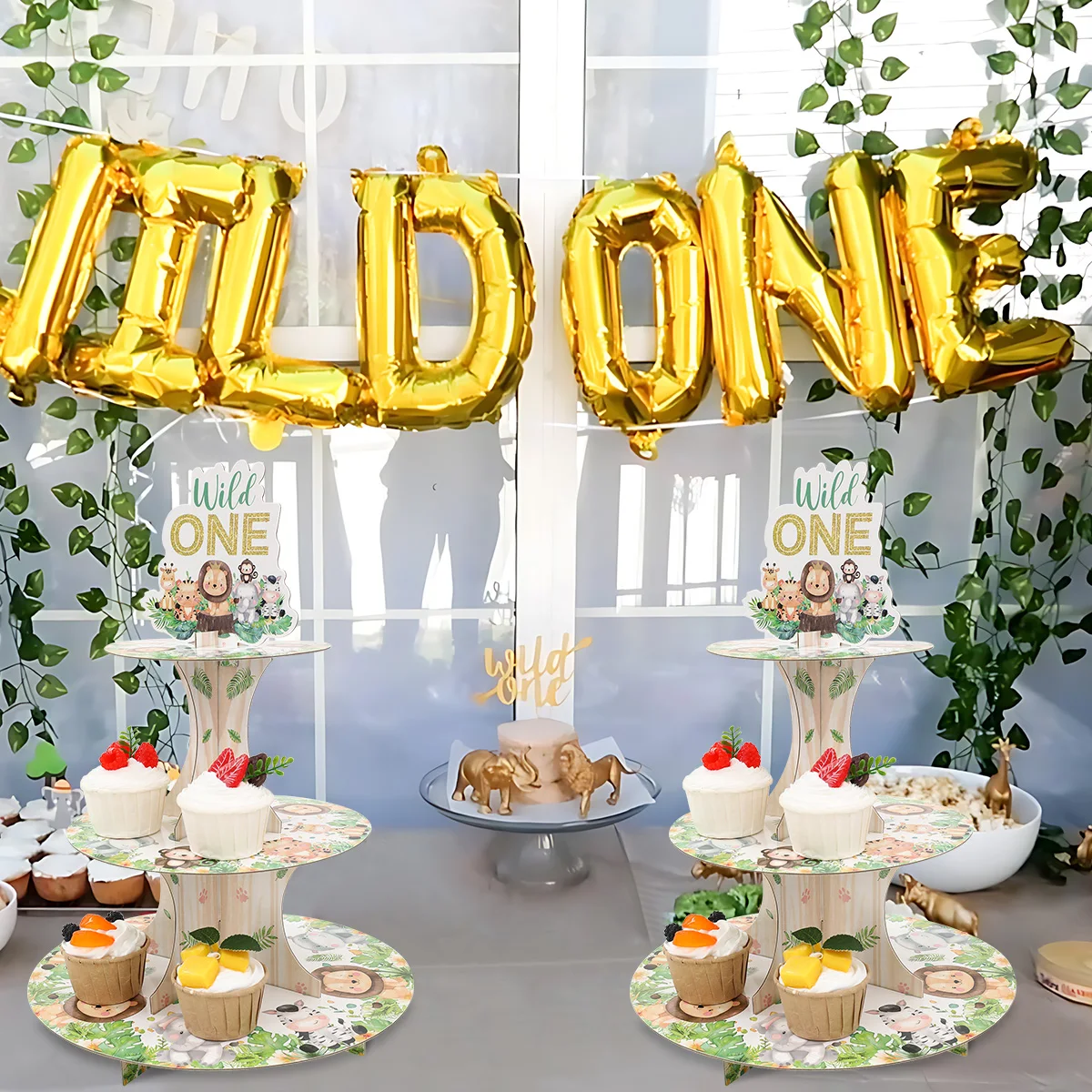 1 Juego de soporte de exhibición de pastel de fiesta de Safari en la jungla de dibujos animados de 3 niveles, estante para cupcakes de cumpleaños de animales salvajes, decoración de bandeja para pastel de Baby Shower - imagen 5