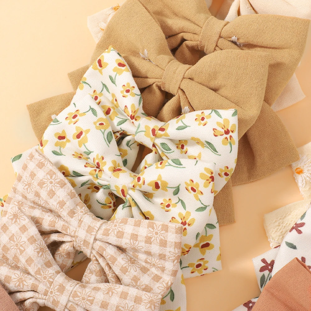 8 unids/set de pinzas para el cabello con lazo y estampado de flores dulces para niñas, horquillas con lazo de algodón, pasadores, accesorios para el cabello para niños - imagen 4