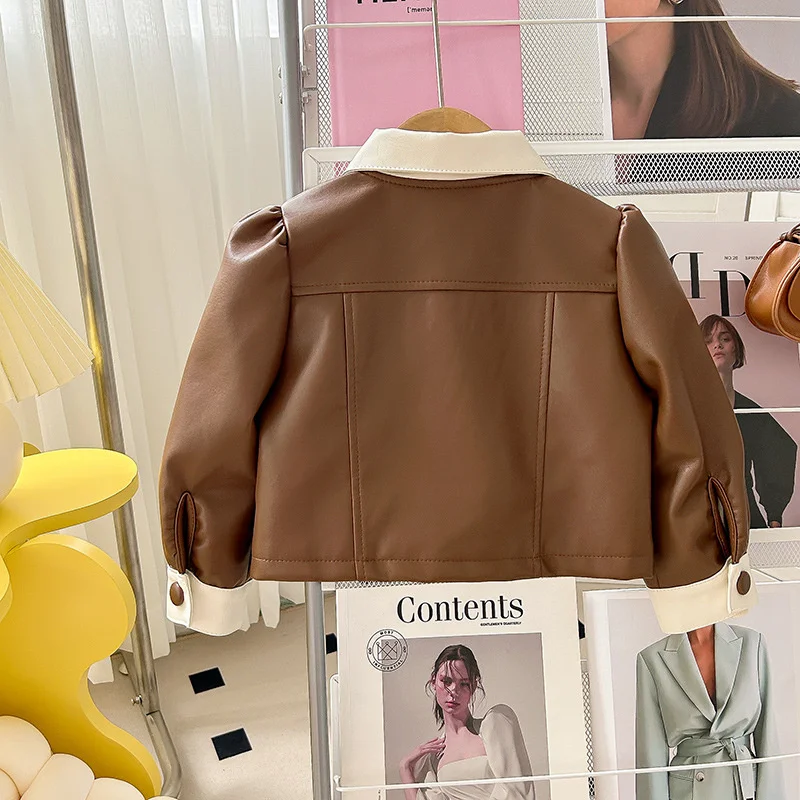 Chaqueta de cuero para niñas con solapa y estilo informal otoño - imagen 4