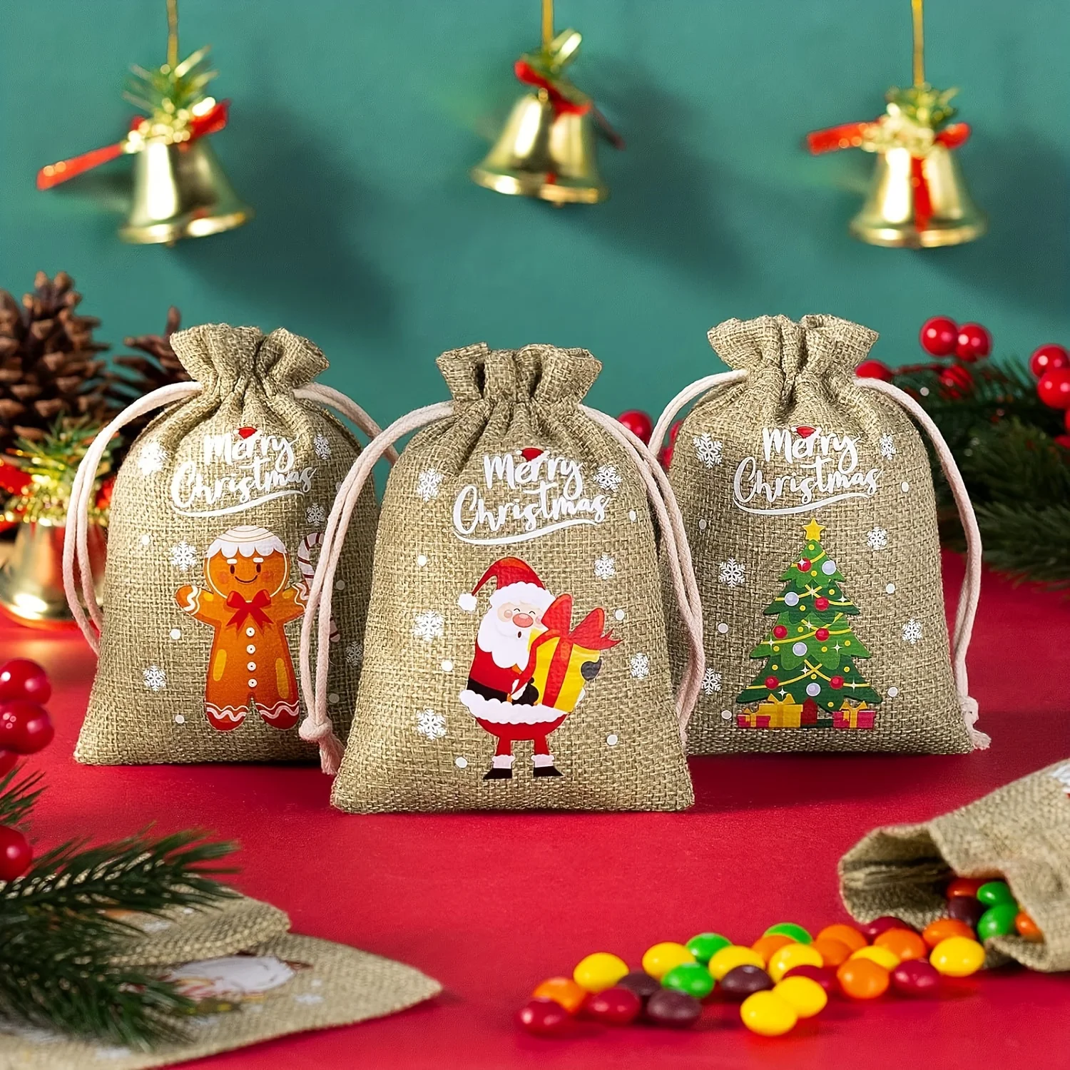 Bolsa de regalo de dulces de Navidad, bolsas de yute Natural con patrones de Papá Noel, bolsa con cordón de arpillera, embalaje de joyería, bolsa de regalo para fiesta, 12 Uds. - imagen 2