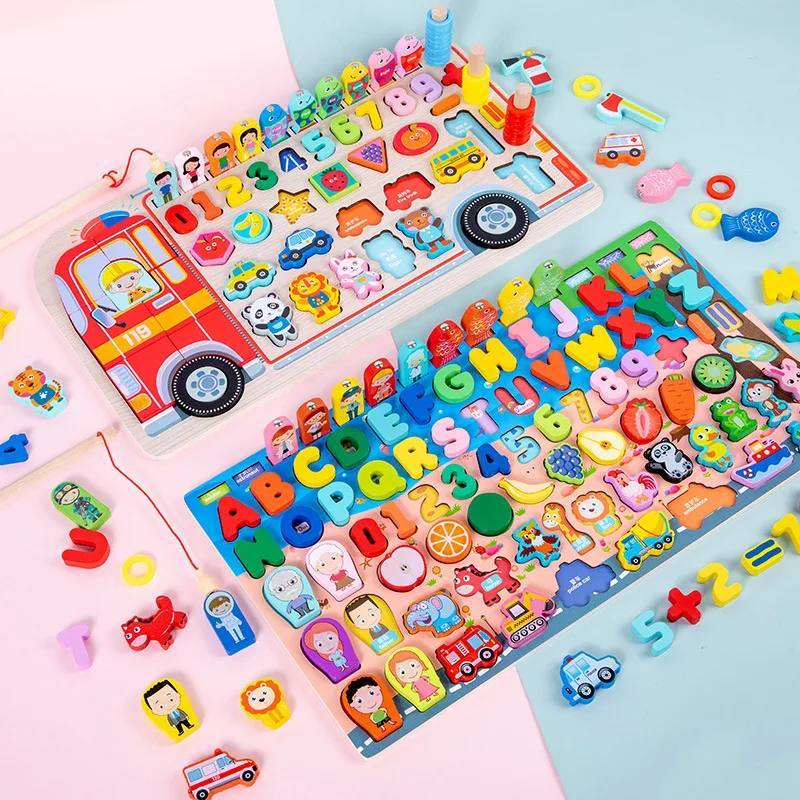 Juguetes Montessori de madera: tablero educativo y juego de pesca