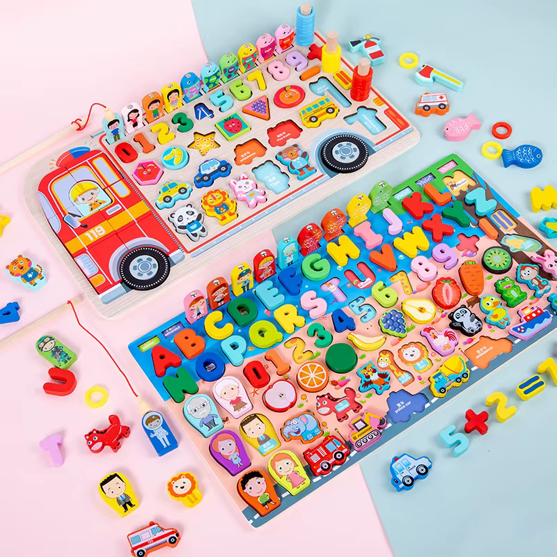 Juguetes Montessori de madera: tablero educativo y juego de pesca