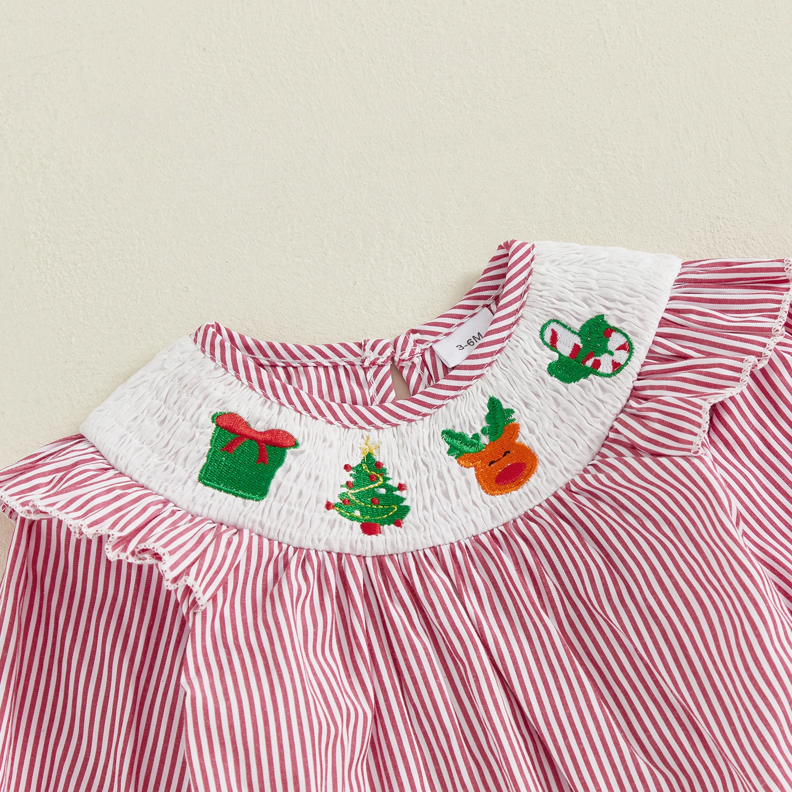 Mameluco de rayas navideñas para niñas de 0 a 18 meses, mono con cuello redondo y manga larga con bordado de árbol y ciervo - imagen 4