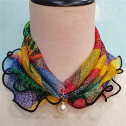 Bufanda de encaje perlas y orejas madera estilo primavera regalo mamá