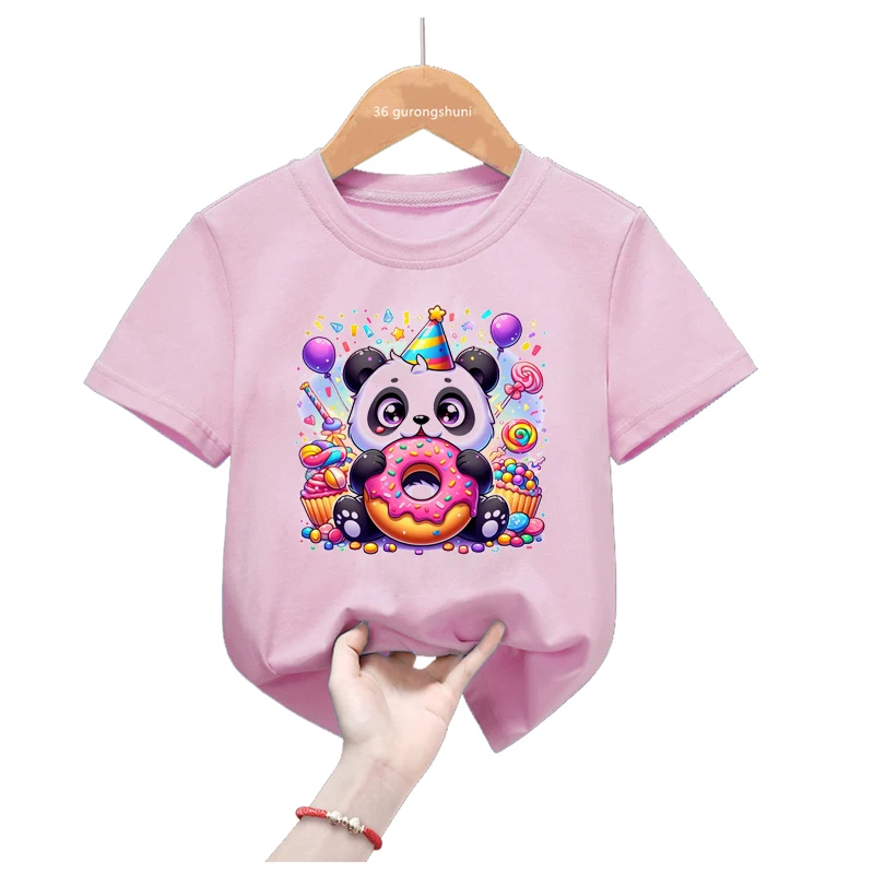 Camiseta rosa de Panda arcoíris para niñas, ropa Kawaii Harajuku para niños, Tops de moda de verano, camiseta divertida