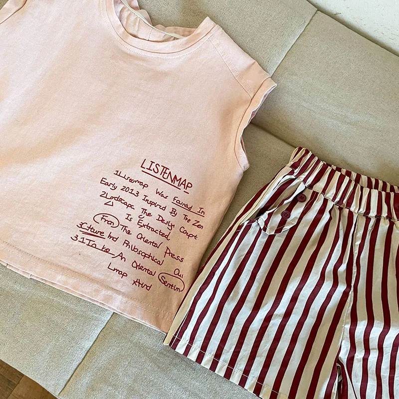 MILANCEL, nuevo conjunto de ropa de verano para niños, chaleco con letras y pantalones cortos a rayas, traje para niños, disfraz de hermano y hermana - imagen 4