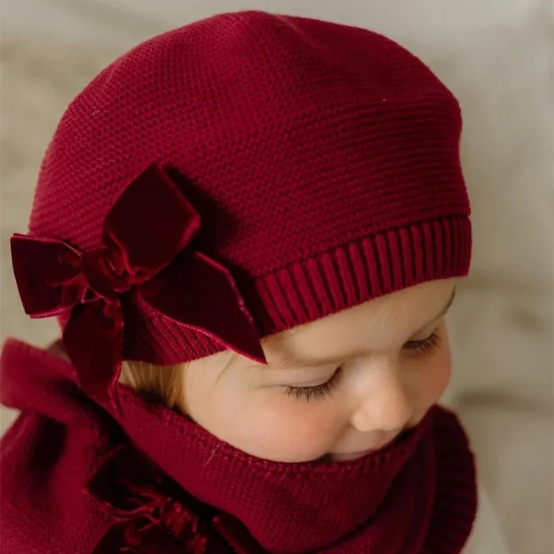 Otoño Invierno, gorros cálidos de punto con lazo para niñas, boina para niños, gorro liso, gorro suave y cómodo para niños de 2 a 8 años