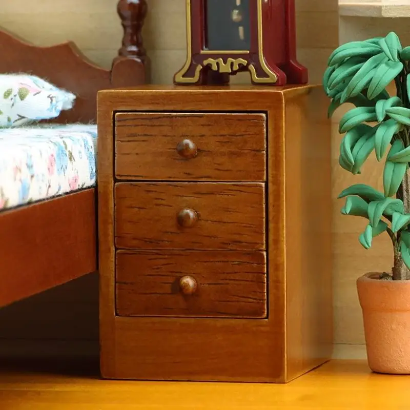 D7YD Compact Dollhouses Unidad almacenamiento noche 3 Estantes artesanía madera marrón - imagen 3