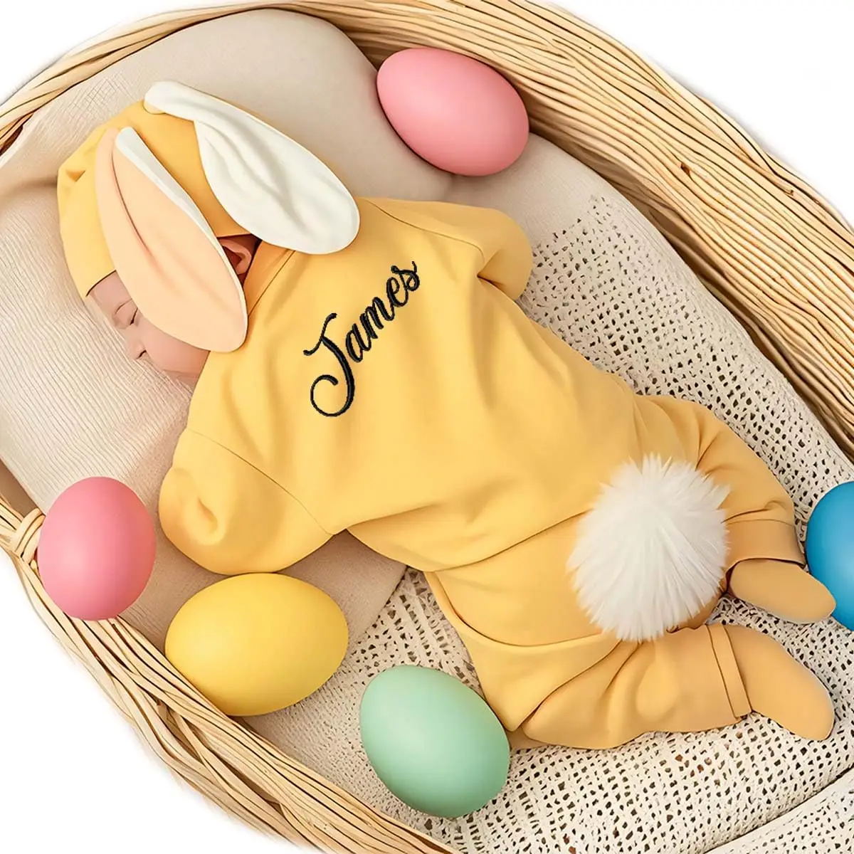Traje de conejito personalizado hecho a mano para bebé, mameluco con monograma personalizado, traje con nombre, sombrero de conejito para recién nacido, traje de Navidad para bebé - imagen 3