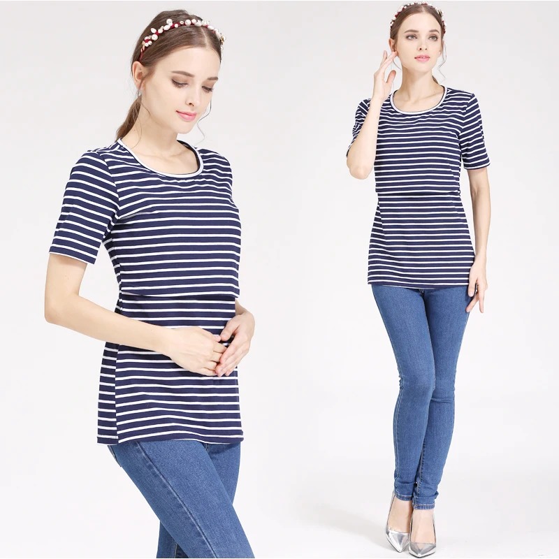 Tops de lactancia, ropa de maternidad a rayas, ropa de lactancia de manga corta para mujeres embarazadas, camiseta de lactancia posparto de verano - imagen 3