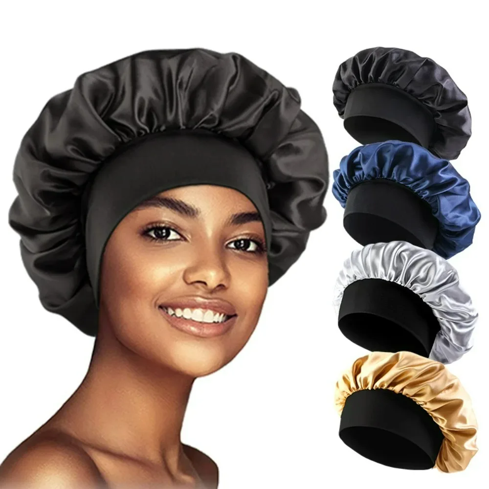 Gorros lisos de satén para mujer, gorro de baño para dormir de noche de ala ancha, gorro de banda elástica para la cabeza Unisex, gorro para el cuidado del cabello