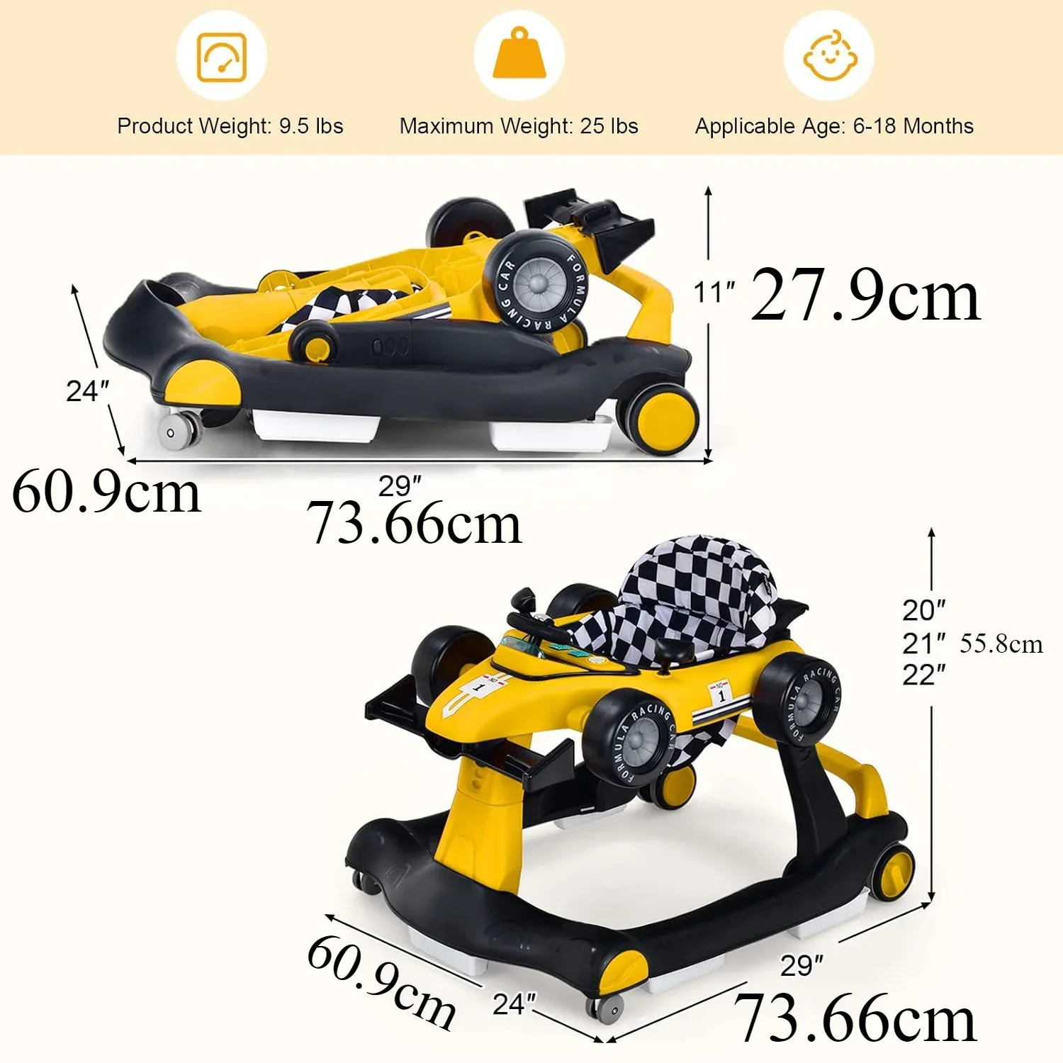Andador de bebé 4 en 1 Andador de empuje de actividad Alturas ajustables 360 °   Andador de coche plegable ligero y musical con rueda giratoria para niños y niñas - imagen 2