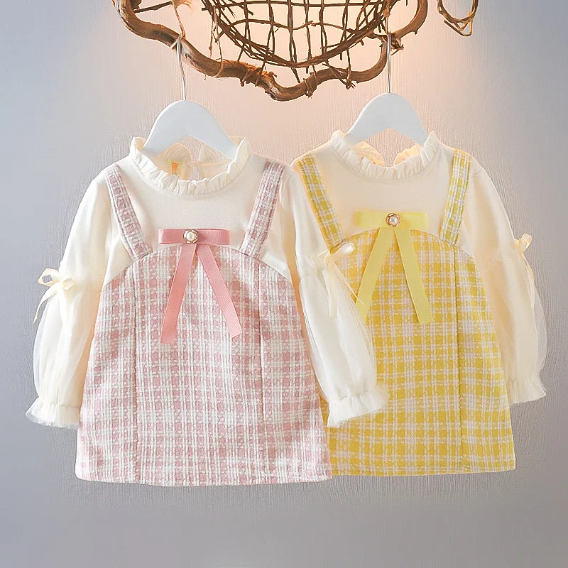 Ropa de primavera y otoño para niña pequeña, vestido de princesa a cuadros de encaje de manga larga con lazo lindo coreano, vestidos de cumpleaños, ropa de bebé BC623 - imagen 2