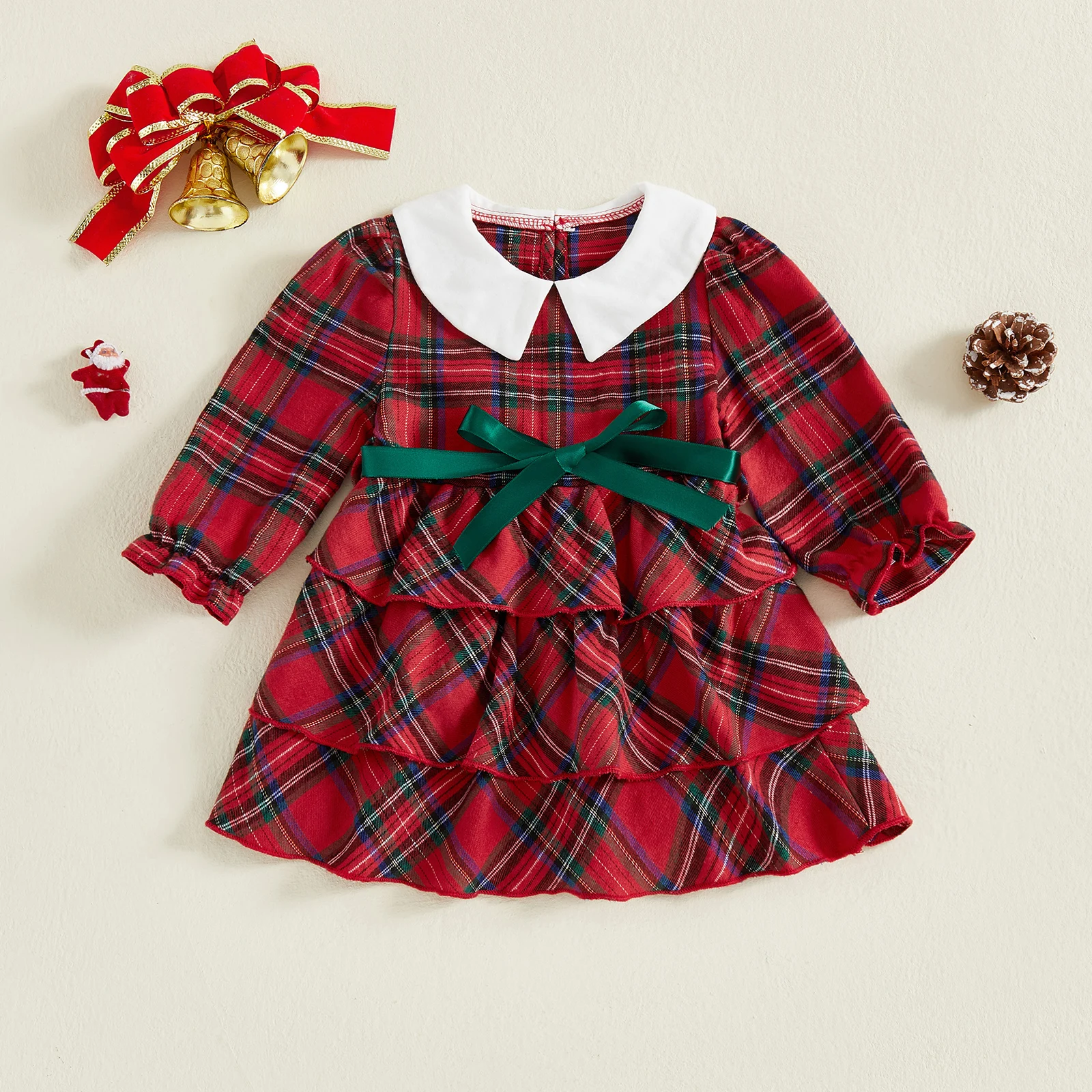 Vestido a cuadros de Navidad para niña pequeña, cuello de muñeca, manga larga, corte en A, vestido con volantes en capas y cinturón, ropa bonita para invierno y otoño