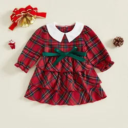 Vestido a cuadros de Navidad para niña pequeña, cuello de muñeca, manga larga, corte en A, vestido con volantes en capas y cinturón, ropa bonita para invierno y otoño
