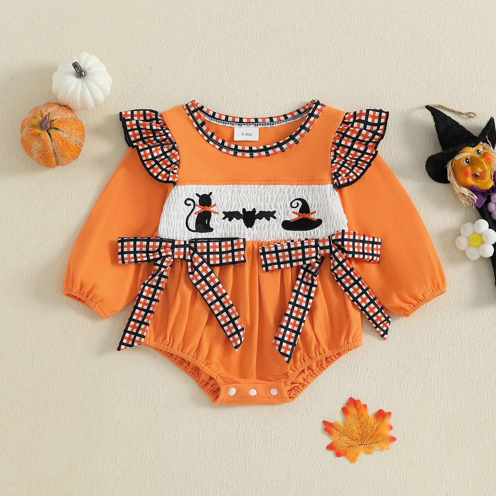 Mameluco con lazo de Halloween para niña, mono de burbuja con cuello redondo y manga larga con bordado de gato negro/fantasma