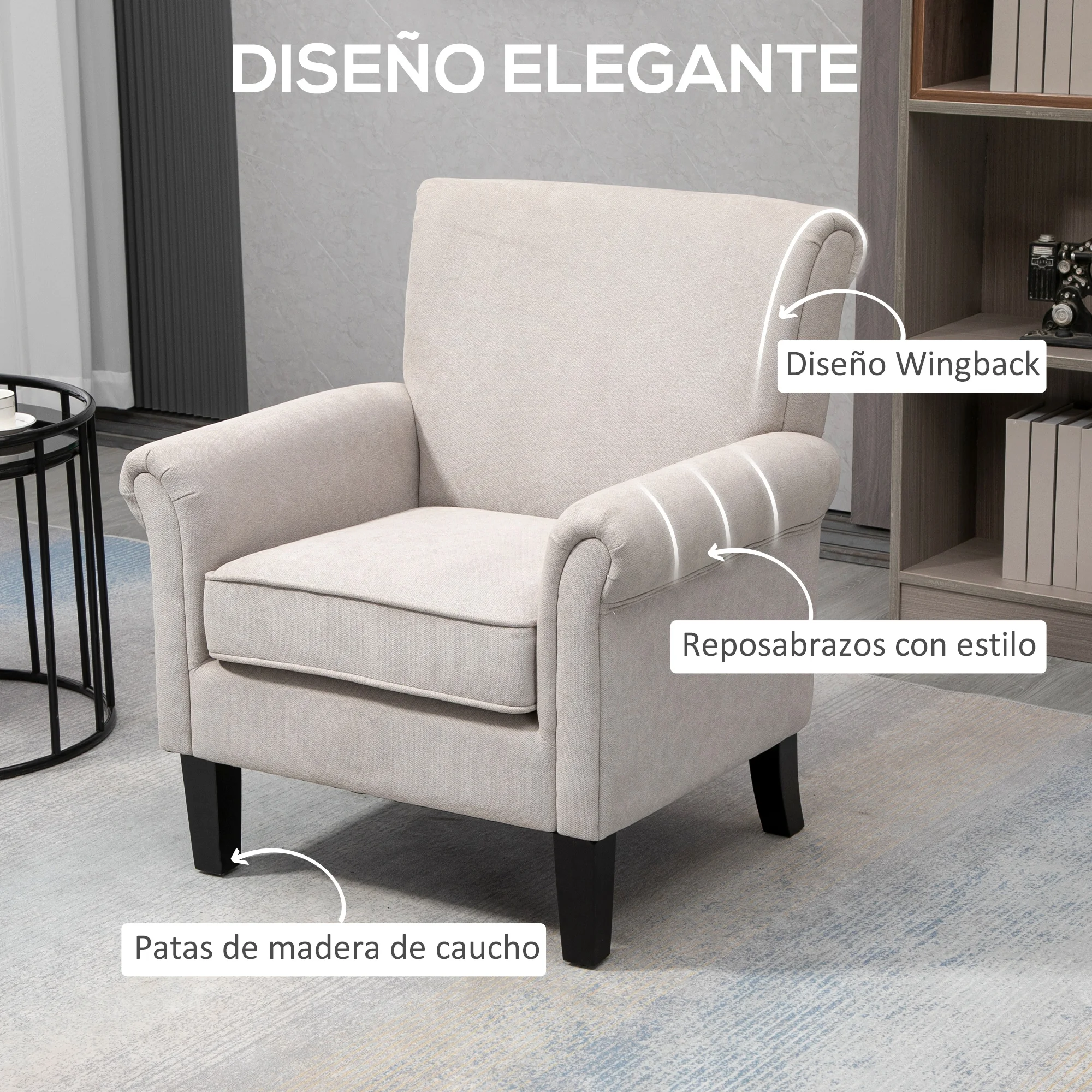 HOMCOM Butaca de Salón Tapizada en Tela Sillón Relax con Reposabrazos Asiento Extraíble y Lavable Patas de Madera para Dormitorio Estilo Moderno Carga 150 kg 79x78x87 cm Gris - imagen 5