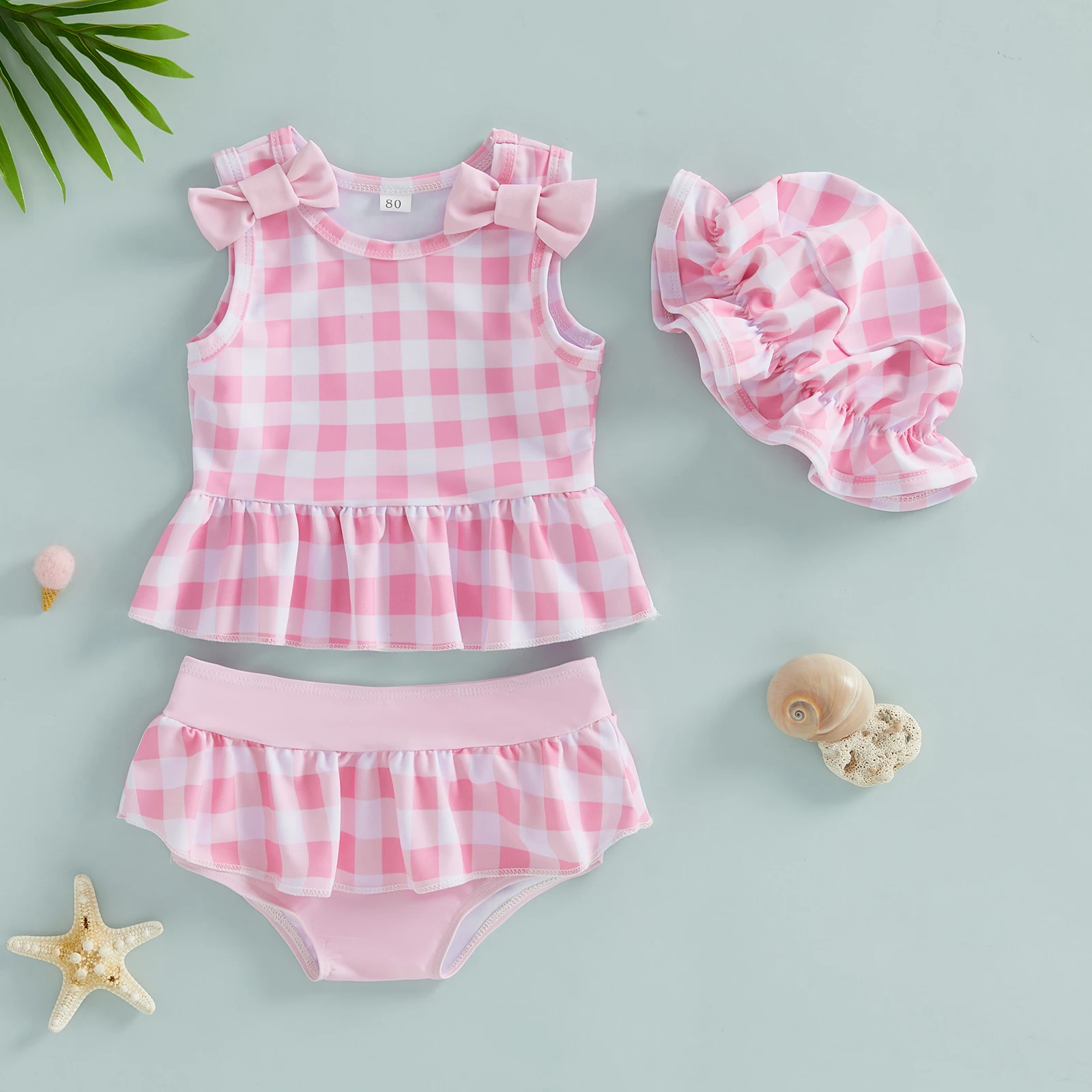 Traje de baño de niña con estampado cuadros y flores, volantes - imagen 2