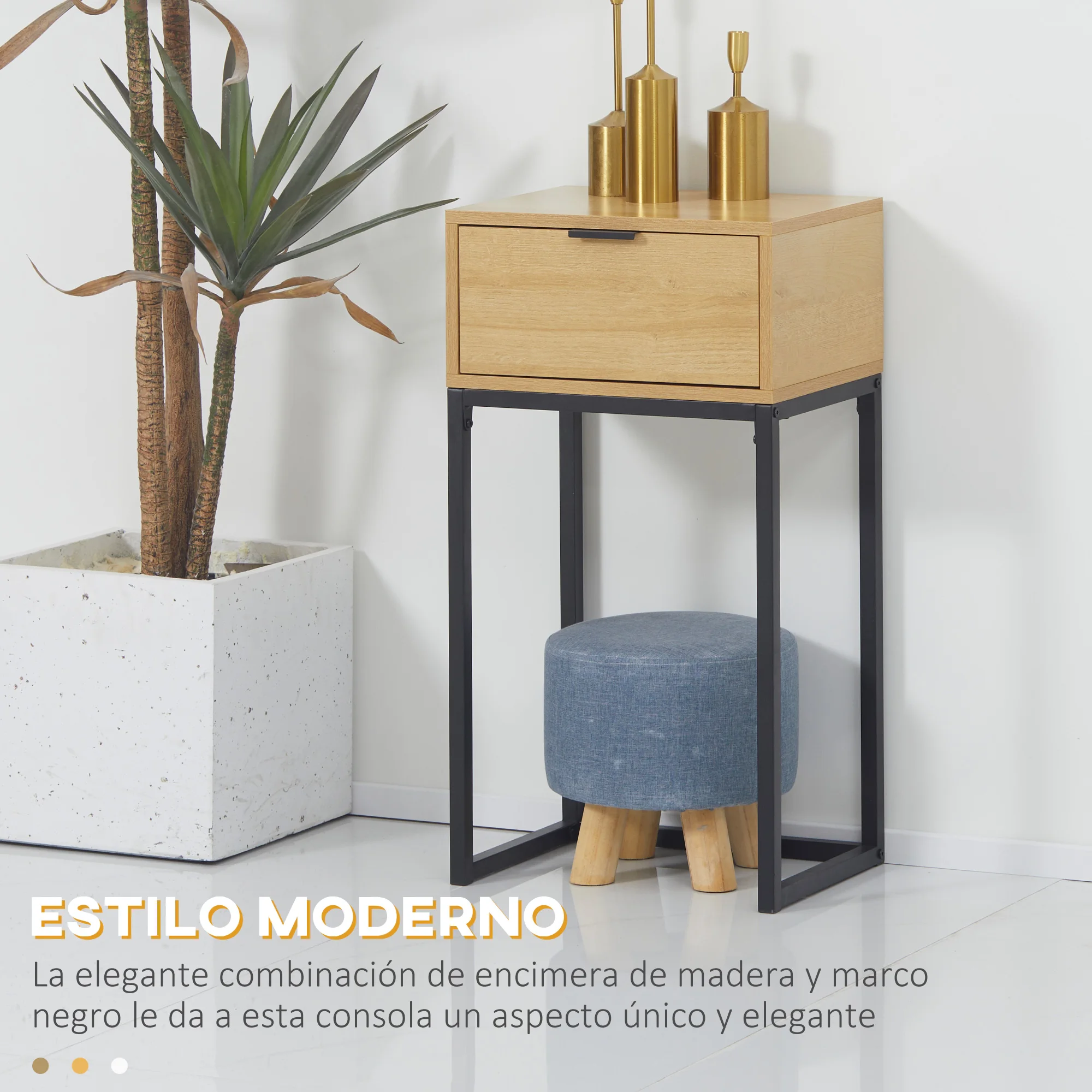 HOMCOM Mesa Auxiliar para Sofá Mesita Auxiliar Moderna con Cajón con Patas de Acero para Pasillo Salón Dormitorio 40x30x76 cm Natural - imagen 4