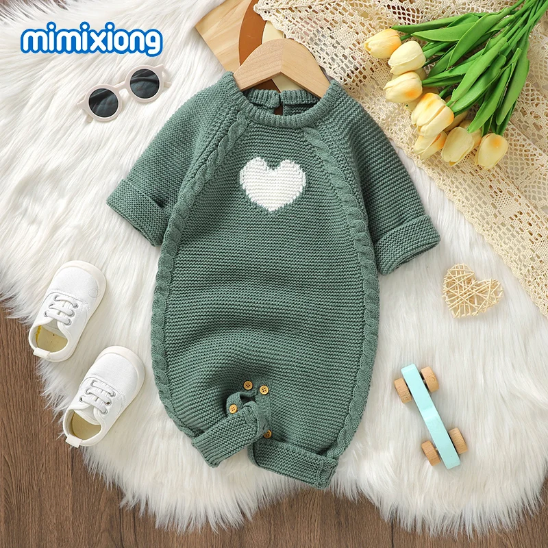 Peleles de bebé Otoño Invierno de manga larga tejidos para recién nacidos, monos con forma de corazón para niños y niñas de 0 a 18m, trajes de invierno de una pieza para niños pequeños - imagen 2