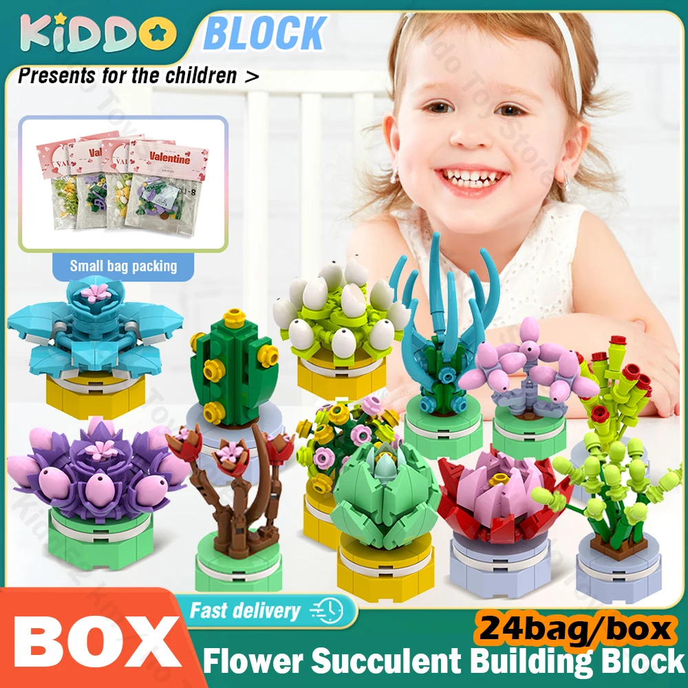 Flor suculenta en maceta modelo de bloques de construcción DIY ramo eterno hogar escritorio planta decoración ladrillo niña regalo niños juguete 24 bolsa/caja - imagen 2