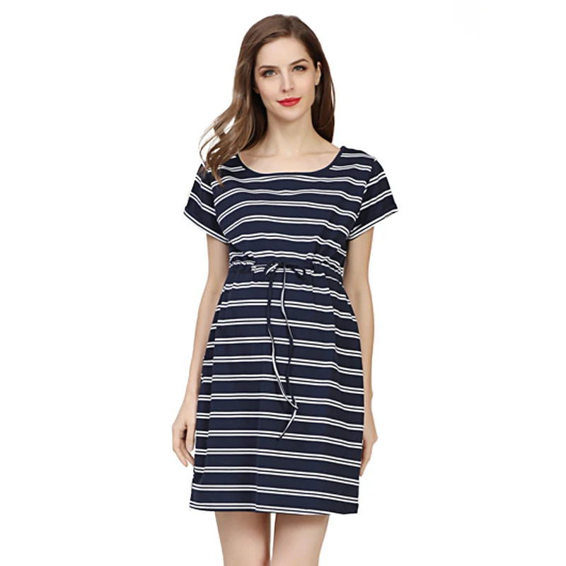 Vestido de maternidad de verano, ropa de embarazo, vestidos sueltos de manga corta, vestidos de talla grande a rayas para mujeres embarazadas - imagen 2