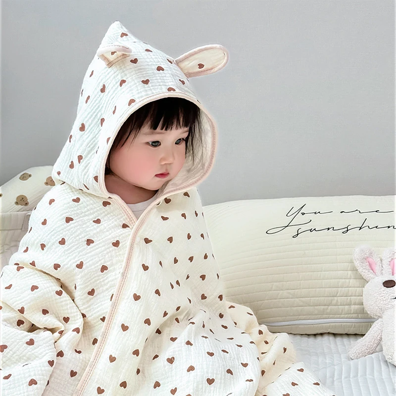 Toalla de baño para bebé, capa de algodón de gasa de 4 capas, toalla con sombrero, albornoz infantil con capucha de dibujos animados para las cuatro estaciones, Toalla de baño suave para niños pequeños - imagen 3