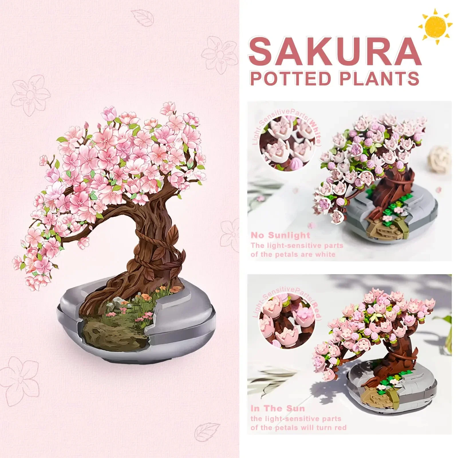 Sakura-ramo en maceta para niños, bloques de construcción, planta, bonsái, modelo suculento, adornos de escritorio, juguetes educativos, regalos de vacaciones - imagen 3