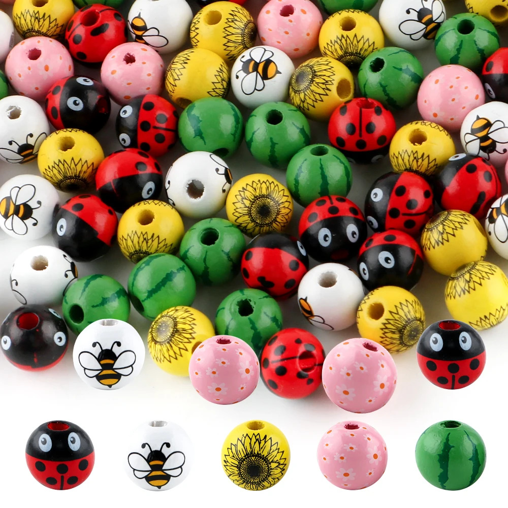 Kovict 30 unids/lote 16mm flor redonda abejas sandías pintura cuentas de madera cuentas sueltas Woodne para la fabricación de joyas accesorios de pulsera