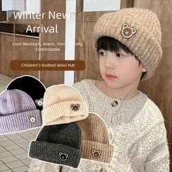 Nuevo gorro de oso de dibujos animados para niños, gorro de punto grueso a prueba de viento, gorros cálidos de lana de ganchillo para niños y niñas