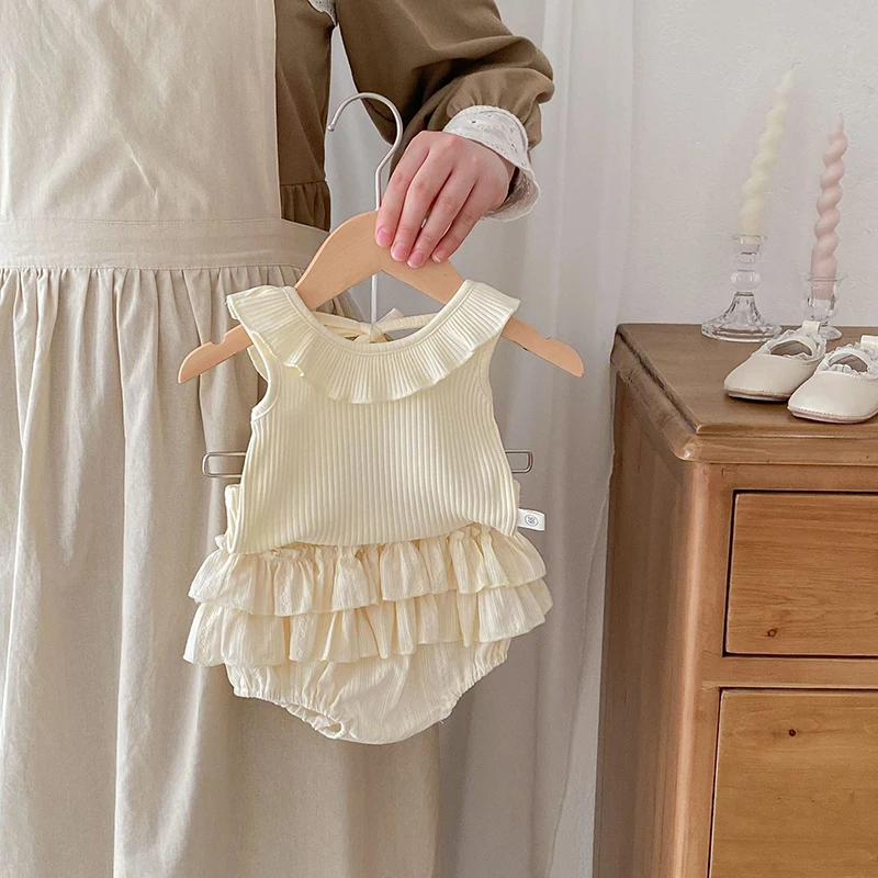 Ropa de verano para niñas de 0 a 2 años, Top sin mangas con cuello de hoja de loto, falda de doble capa, pantalones cortos, traje infantil de 2 uds.