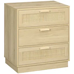 HOMCOM Cómoda de Noche con 3 Cajones de Rejilla de Ratán Cajonera de Madera para Dormitorio Salón Estilo Bohemio 60x38x69 cm Natural