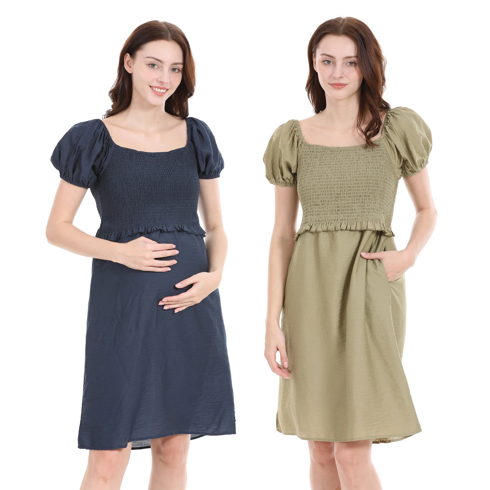 Vestido de lactancia de talla grande, vestido de maternidad de verano para mujeres embarazadas, cuello cuadrado, volantes, manga abombada, vestido de lactancia posparto - imagen 5