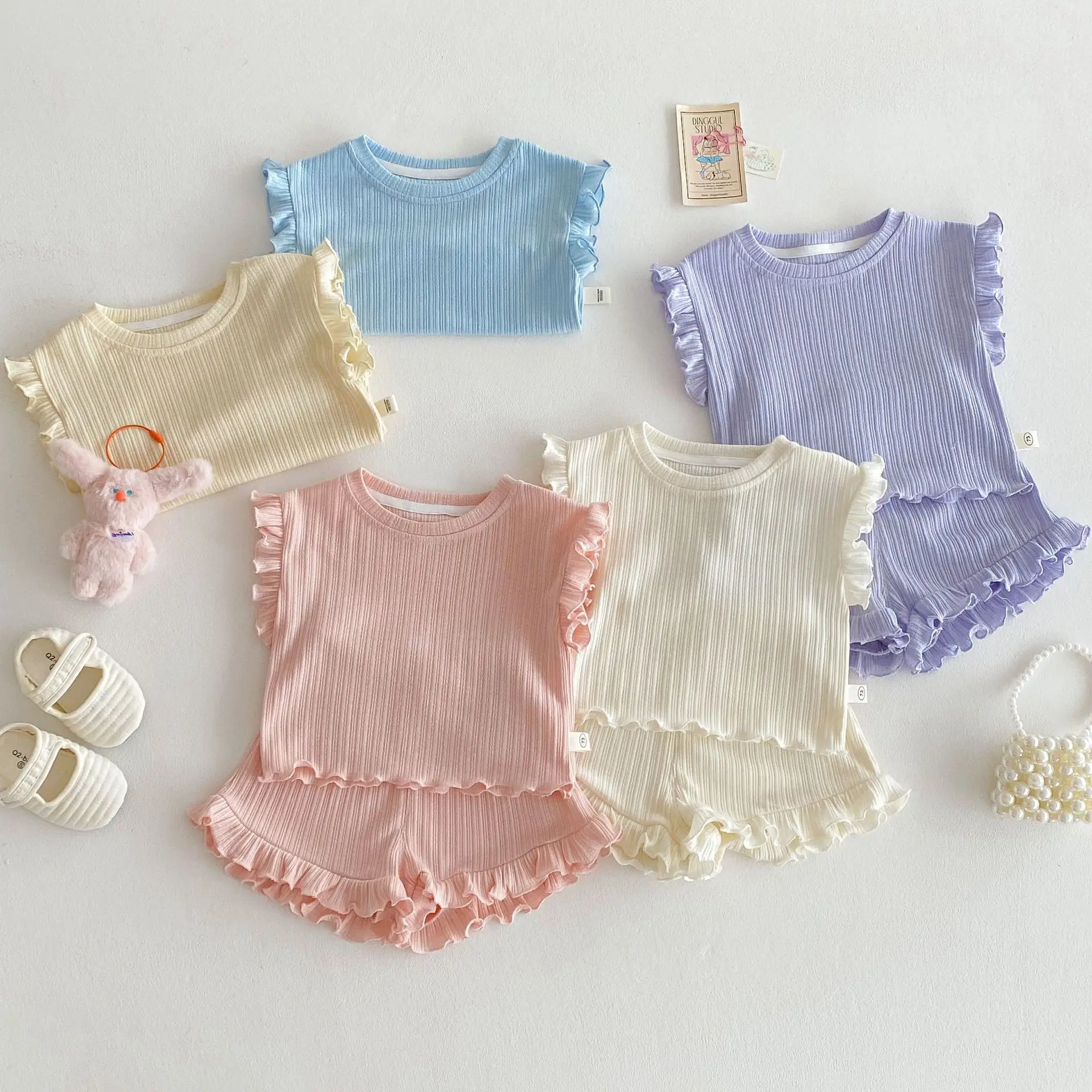 MILANCEL, conjuntos de camisetas sin mangas para niñas, chaleco con volantes de Color sólido para niños, pantalones cortos, traje de 2 uds, trajes de verano para bebés, ropa para niños