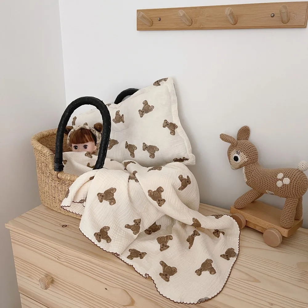Edredón de muselina con estampado de oso para niños, manta de verano para bebé recién nacido, funda para dormir de algodón de 120x130 Cm, manta envolvente suave para bebés - imagen 3