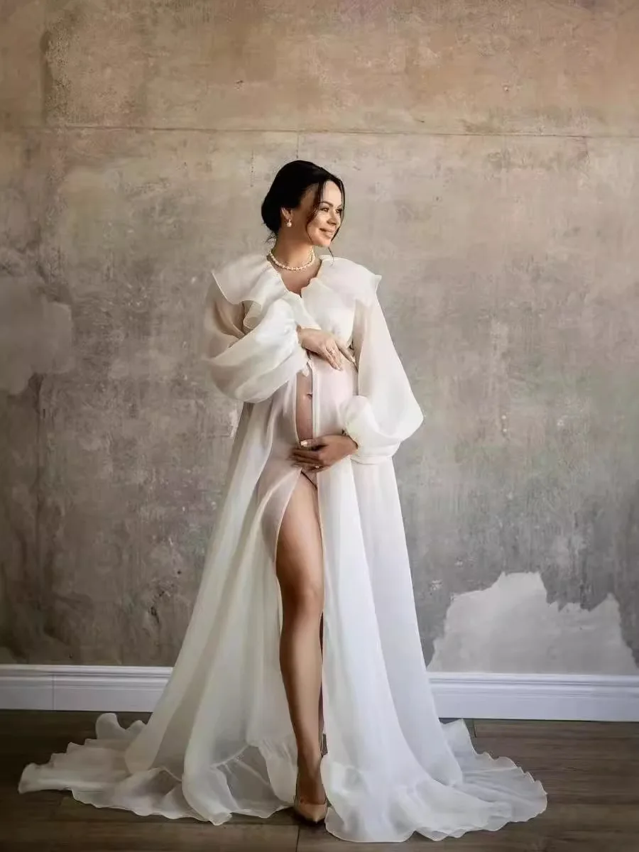 Vestido de gasa para fotos premamá con cuello volantes y manga farol - imagen 5