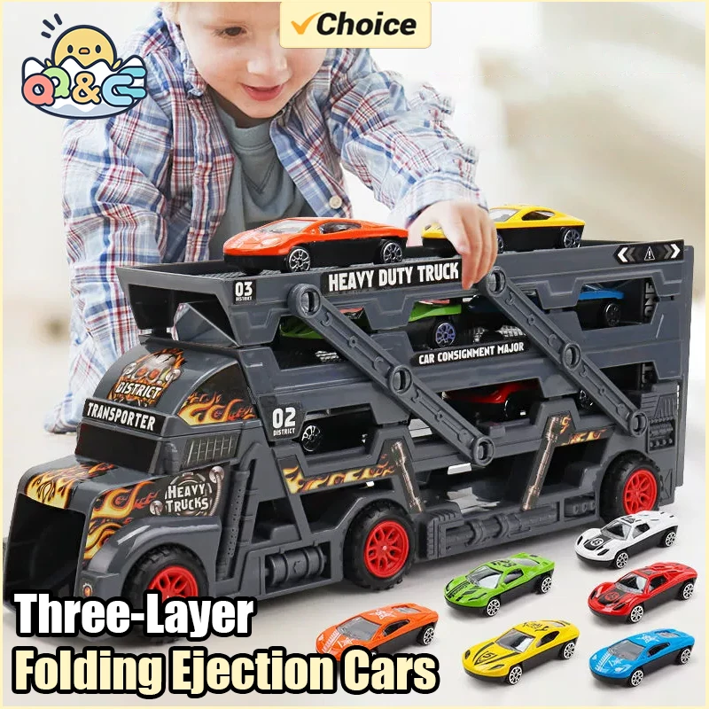 Camión con remolque, modelo de juguete para niños, pista de eyección plegable de tres capas, vagones ferroviarios, coche de inercia, regalos para niños