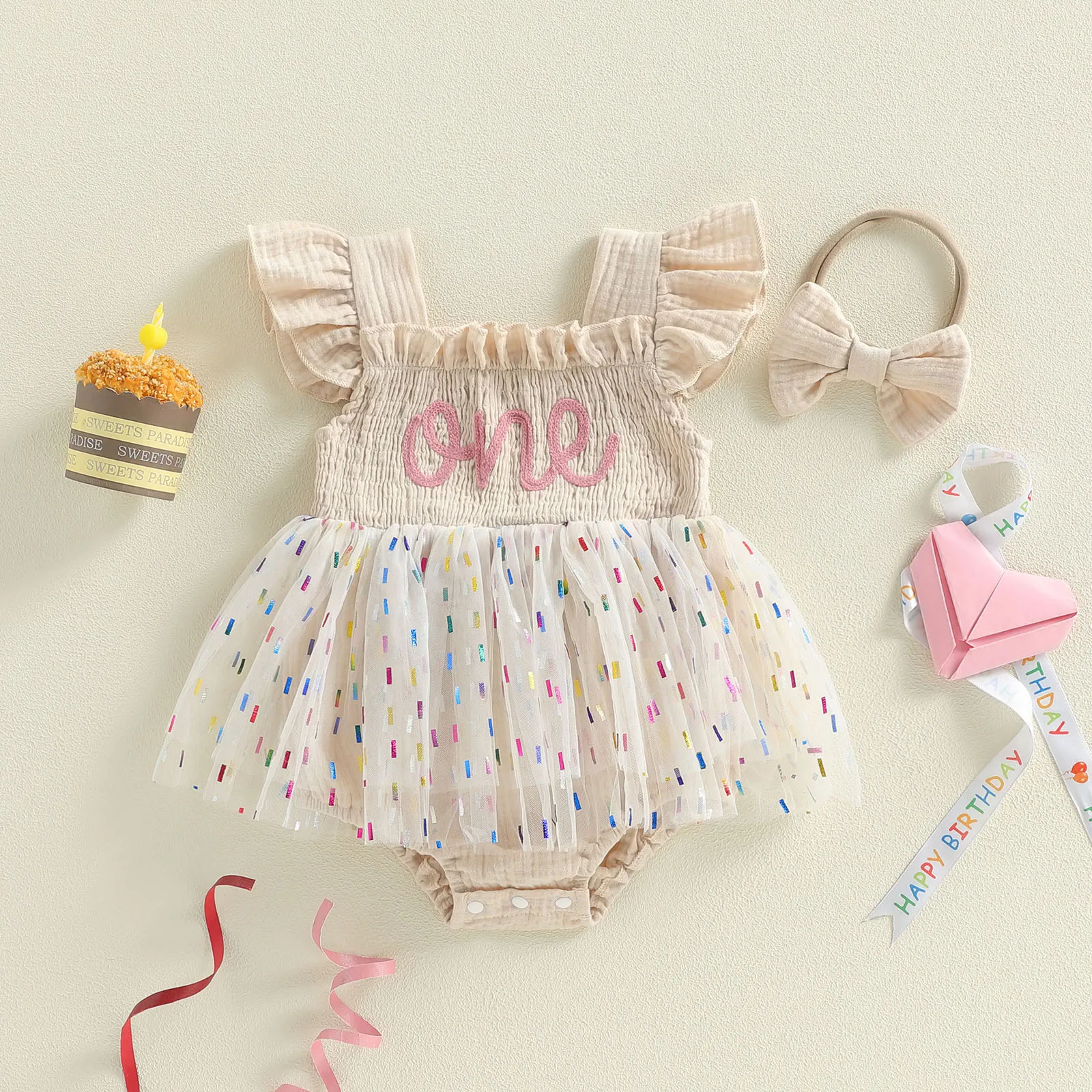 Tregren pelele tul cumpleaños bebé niña bordado letras cuello cuadrado - imagen 3