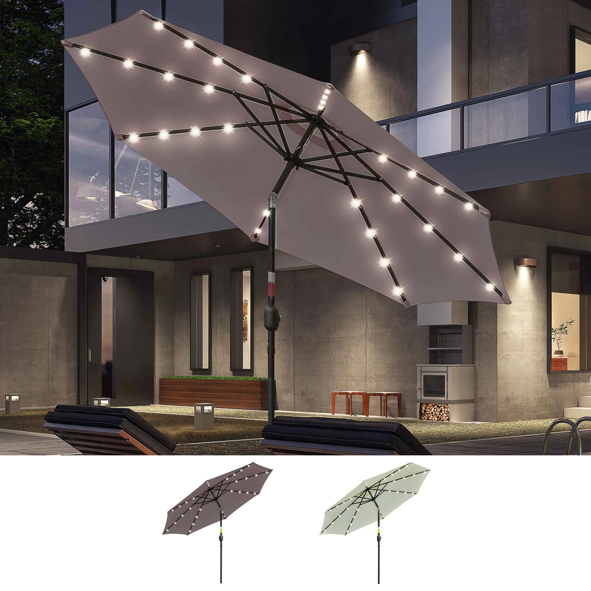 Outsunny Sombrilla de Jardín con 32 Luces LED Solares Ø265x233 cm Parasol Inclinable con Manivela y Poste de Acero para Terraza