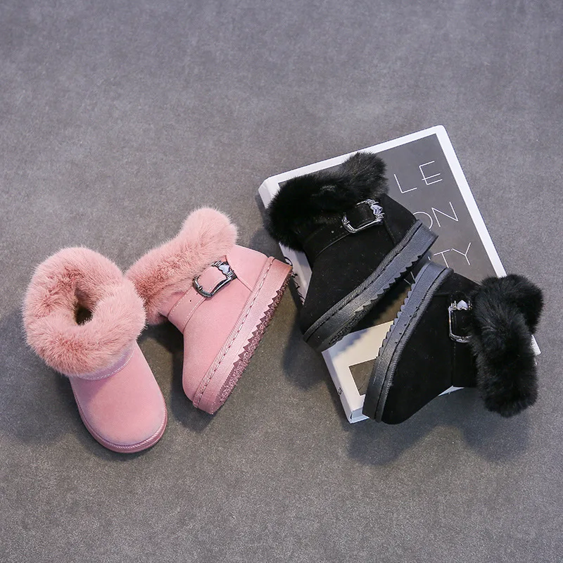 Zapatos de invierno para niños, botas cálidas felpa sólidas niñas, nieve informales exteriores, zapatillas deporte piel antideslizantes suaves, botines cuero PU