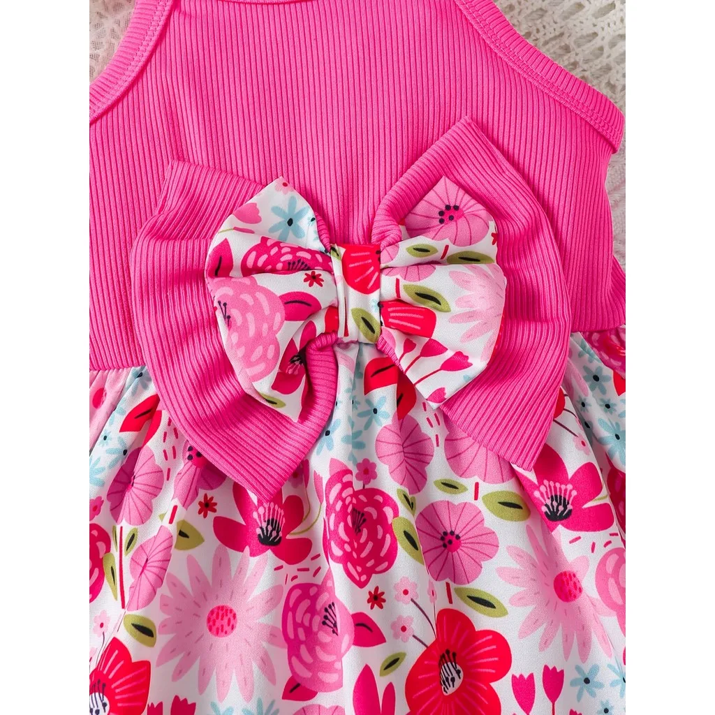 Vestido verano para niña sin mangas rosa con doble lazo y sombrero - imagen 4