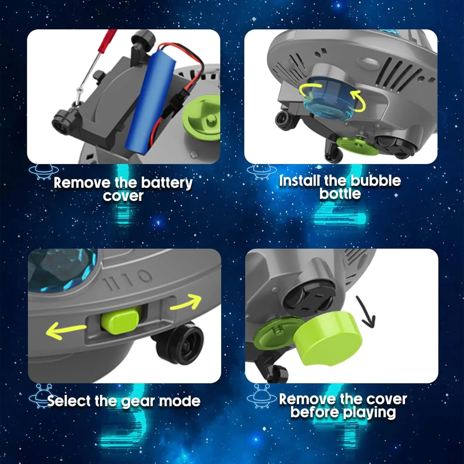 Máquina eléctrica de burbujas OVNI, pistola de burbujas giratoria, soplador de jabón automático con luz para juegos al aire libre, platillo volador para evitar obstáculos - imagen 3