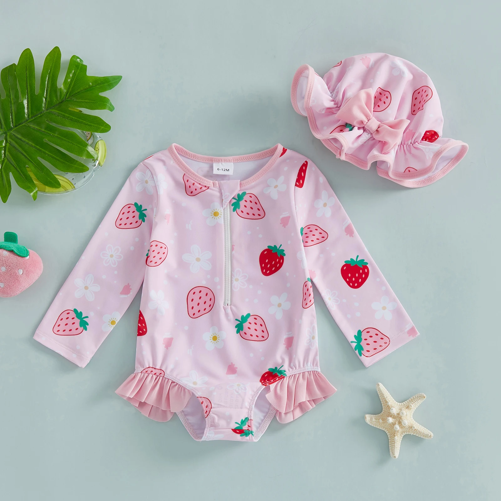 VISgogo Traje de baño bebé niña manga larga estampado fresas gorro sol - imagen 4