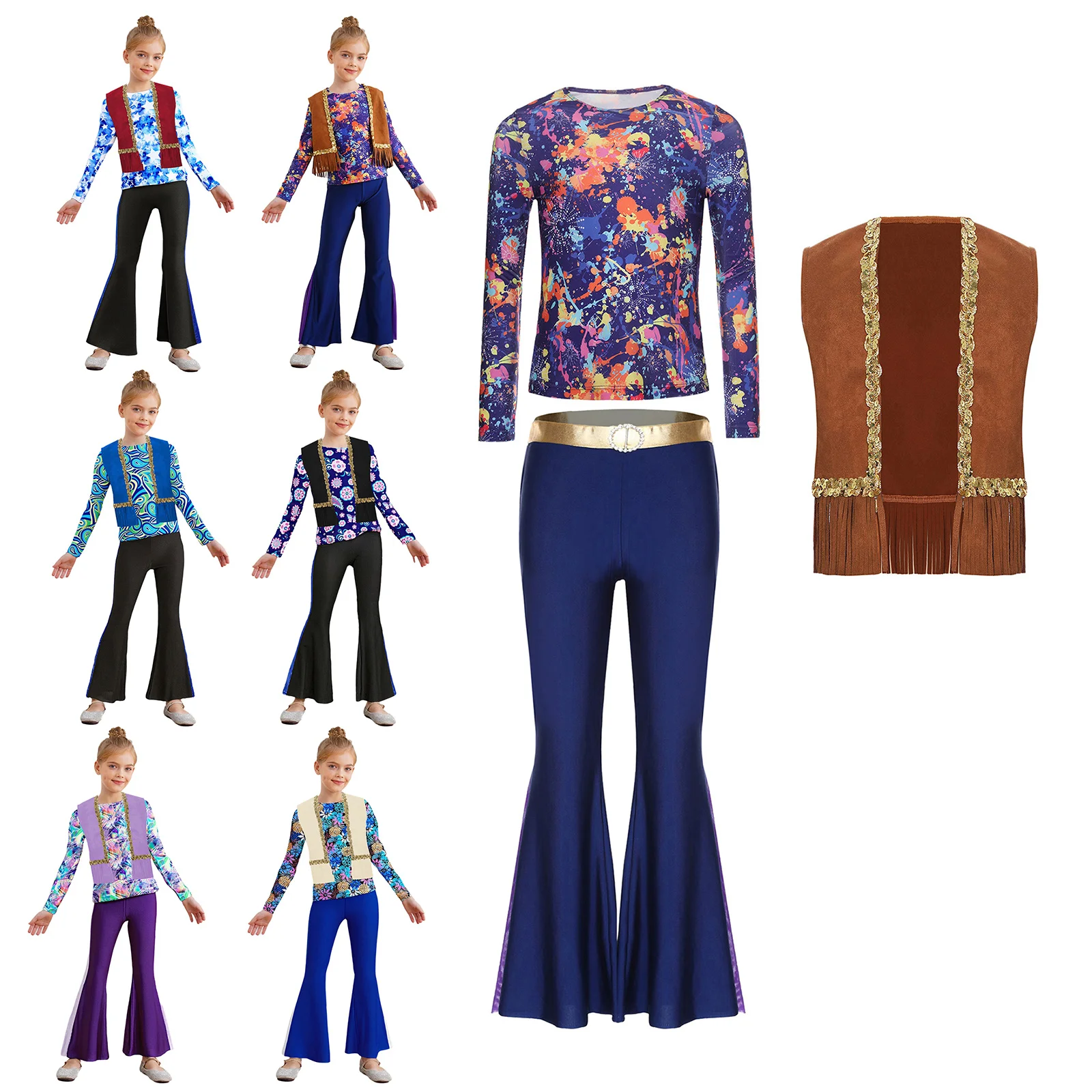Conjunto hippie niña disco años 70 chaleco borlas pantalón acampanado - imagen 5