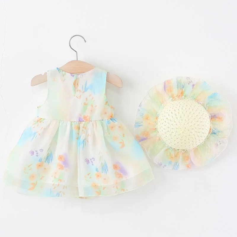 Conjuntos de 2 piezas de vestido de verano para niña pequeña, vestidos coreanos de princesa sin mangas de malla de algodón con flores + sombrero, ropa de Boutique para niños B110 - imagen 4