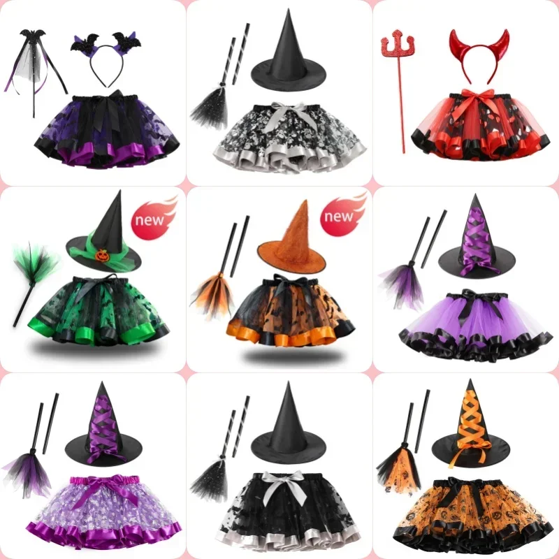 Falda de gasa Pengpeng para niños, Ropa para Niñas, sombrero de bruja de Halloween, conjunto de falda de pastel de escoba para fiesta de 3-8 años, conjuntos de vestido de baile para niños