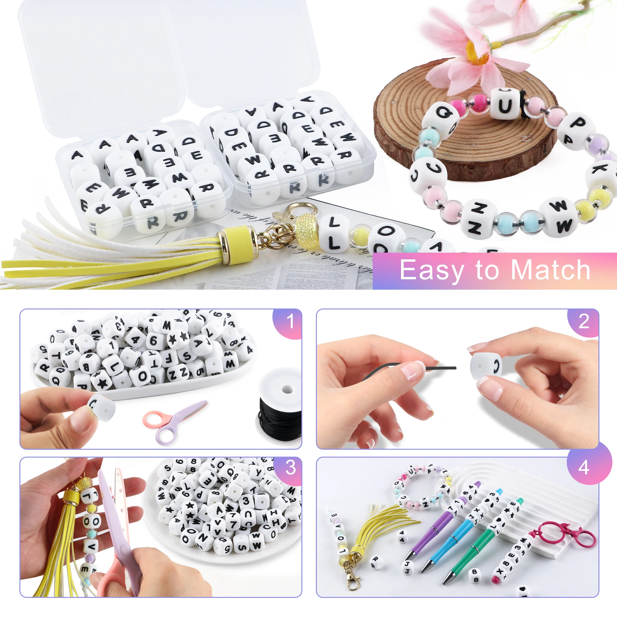 26 unids/lote de cuentas cuadradas blancas de 12mm con letras de silicona para joyería DIY, collares, pulseras, pendientes, cordón de cortina, llavero, accesorios - imagen 4