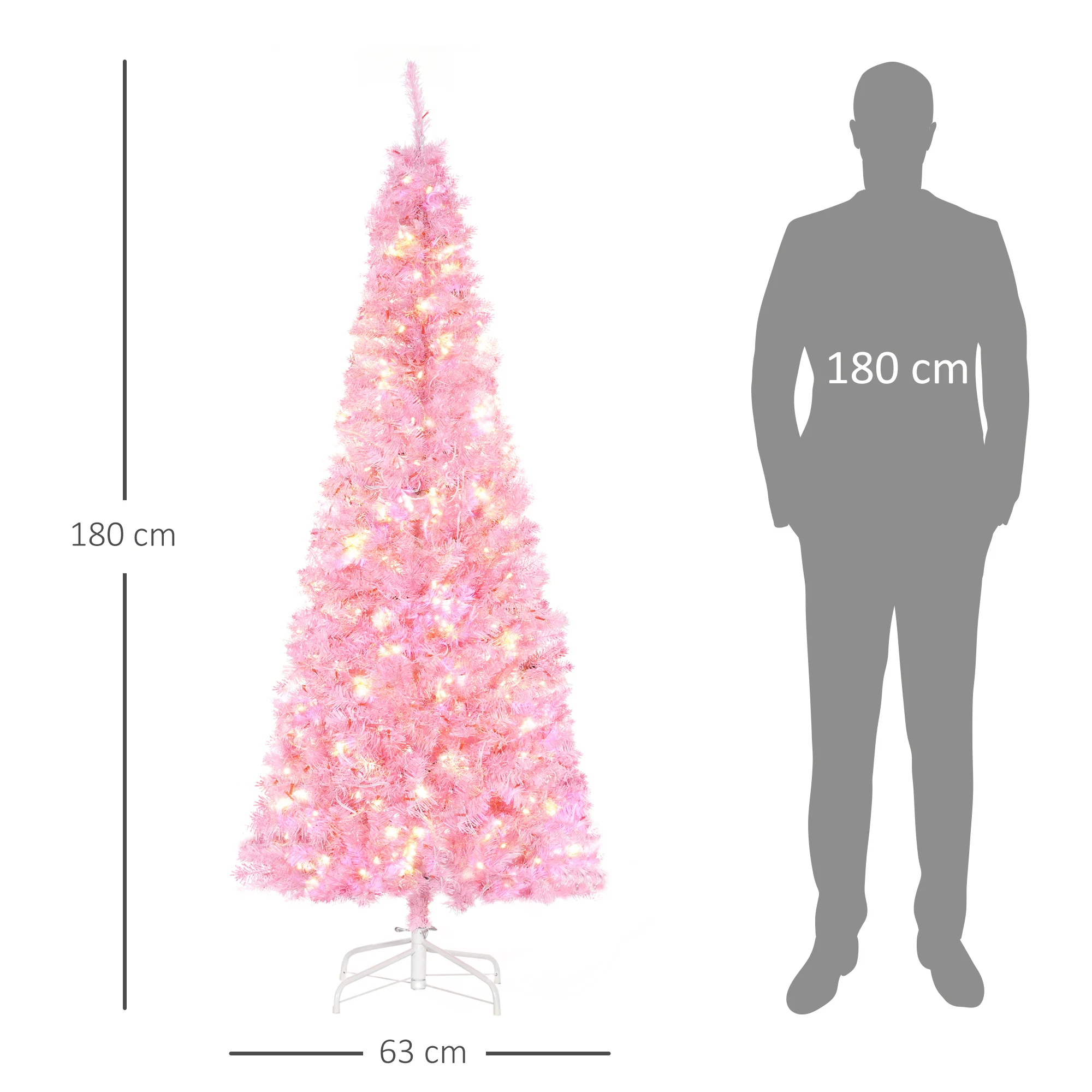 HOMCOM Árbol de Navidad Artificial Altura 180 cm Ignífugo con 618 Ramas 300 Luces LED IP20 Hojas de PVC Apertura Automática Base Plegable y Soporte Metálico Decoración Navideña para Interiores Rosa - imagen 3